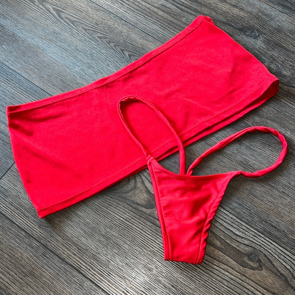 Red skirt thong set stripper stretchy one size dance wear clubwear bikini